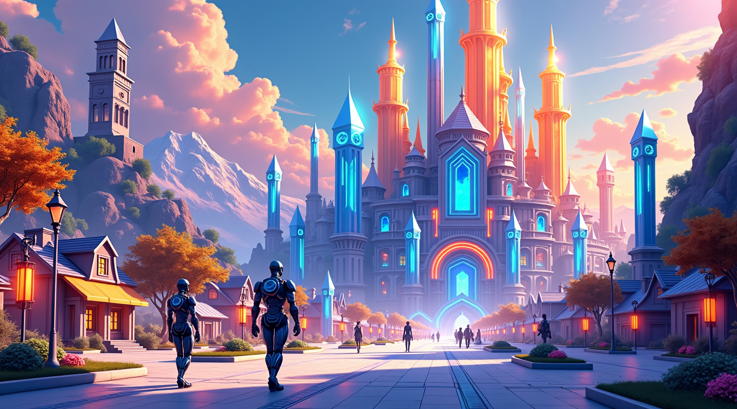 Futuristic crystal city with blue towers and golden spires