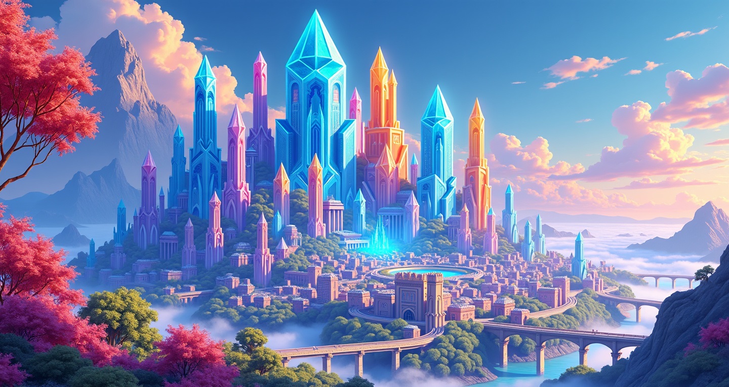 Colorful crystal city with blue, purple and orange towers surrounded by water and pink trees